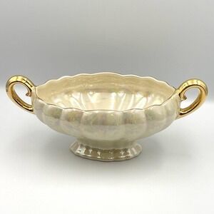 Vintage 1950s Lefton‎ Lusterware Console Bowl 22K Gold Handles 10" Iridescent